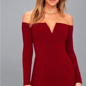 Lulu’s Over the Swoon Wine Red Off-the-Shoulder Bodycon Dress - XS